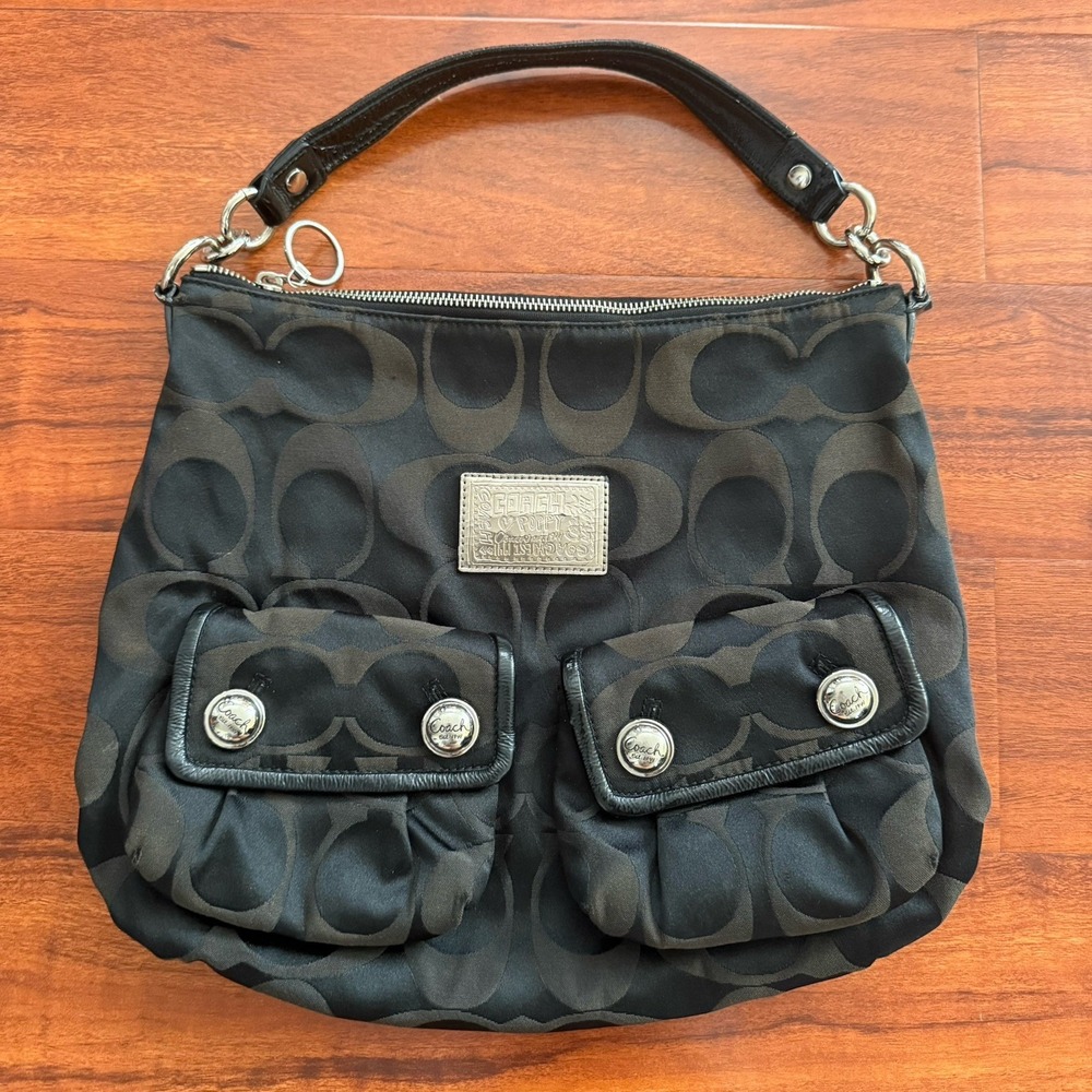 Coach Black Poppy Signature Sateen Pocket Hobo Bag-14570 13x11